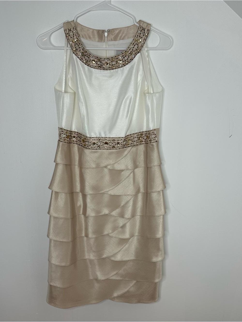 Jessica McClintock Beaded Tiered Cocktail Dress Ivory Champagne Size 8